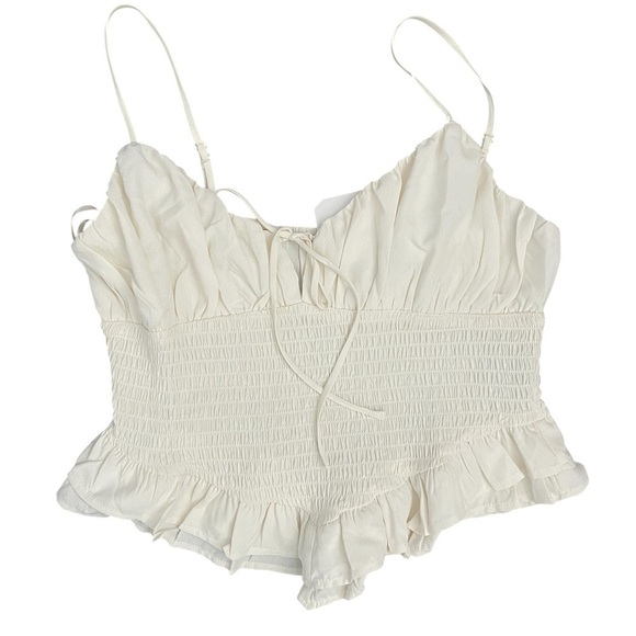 One clothing  Cream Bustier Top L Smocked Ruffle Hem Cami Y2K Boho Cottagecore - Picture 3 of 6